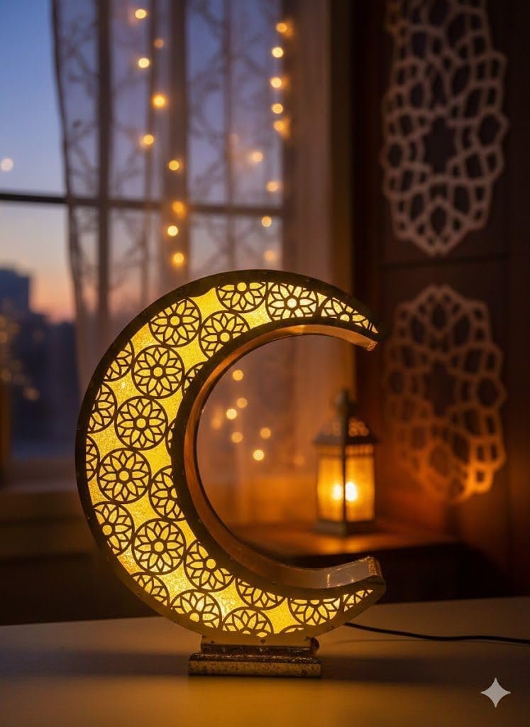هلال رمضان مضيء بتصميم زخرفي إسلامي، زينة رمضانية بإضاءة LED، ديكور منزلي للأعياد والمناسبات (80 سم) - صورة 3