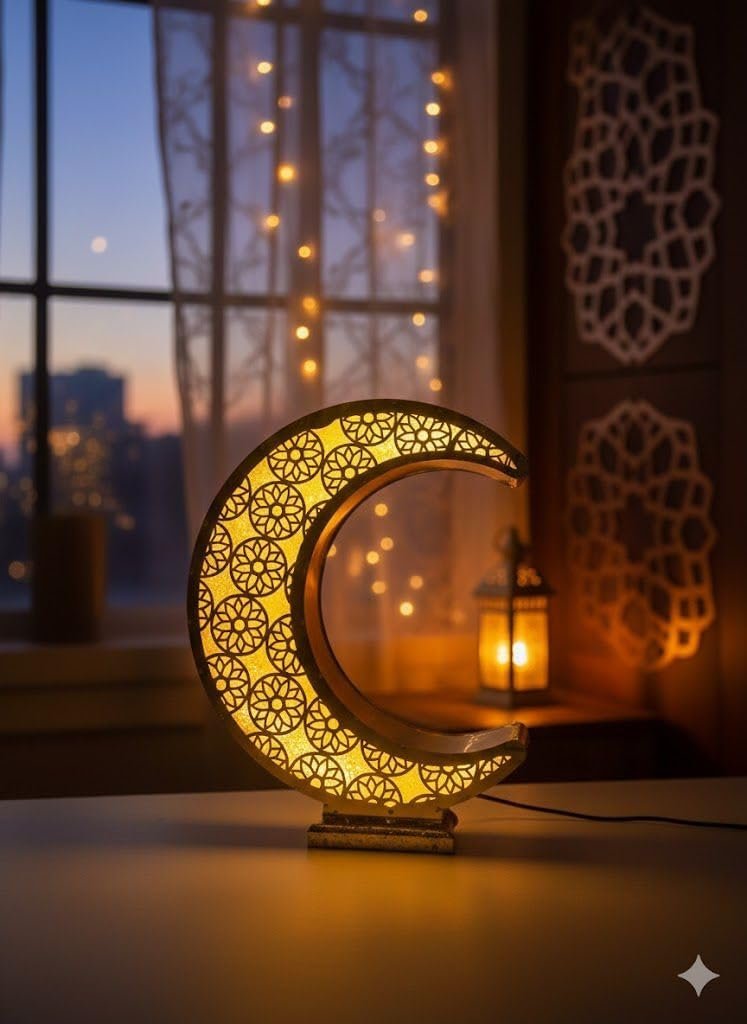 هلال رمضان مضيء بتصميم زخرفي إسلامي، زينة رمضانية بإضاءة LED، ديكور منزلي للأعياد والمناسبات (80 سم) - صورة 4