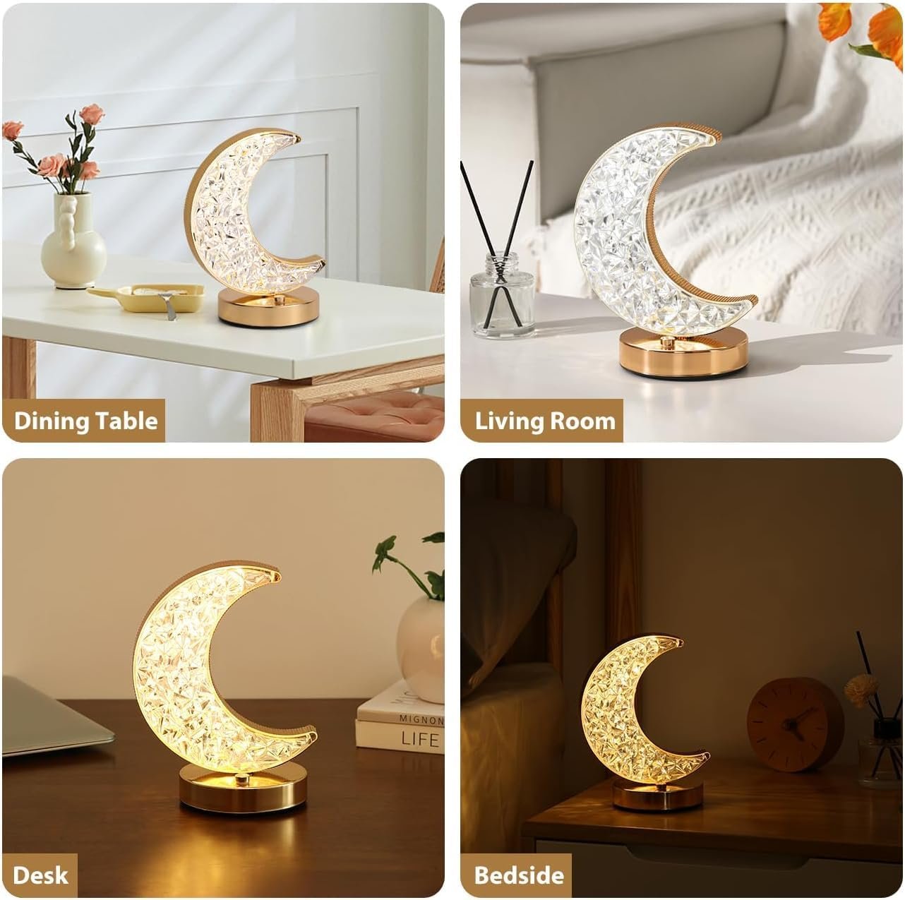 مبخرة كريستال ديكورية بإضاءة ليد هادئة تصميم هلال مع قاعدة ذهبية أنيقة تناسب ديكور المنزل والمكتب وغرف الجلوس ولمسة فنية راقية - صورة 2