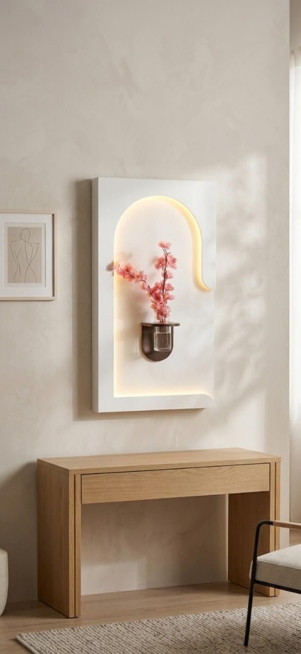 لوحة جدارية ديكورية بإضاءة خلفية مع حامل مزهرية، مواد MDF، أبيض، مقاس 45 × 85 سم، تصميم عصري أنيق
