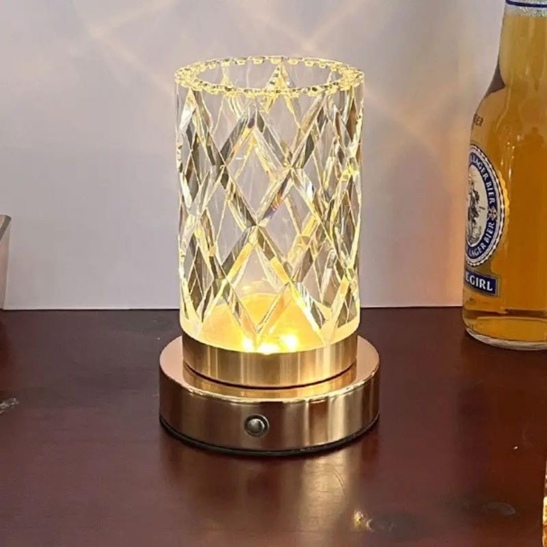 أباجورة كريستال بالشحن واللمس، فازة زجاجية مع إضاءة LED، ثلاثة ألوان إضاءة، قاعدة ذهبية، للديكور المنزلي - صورة 6