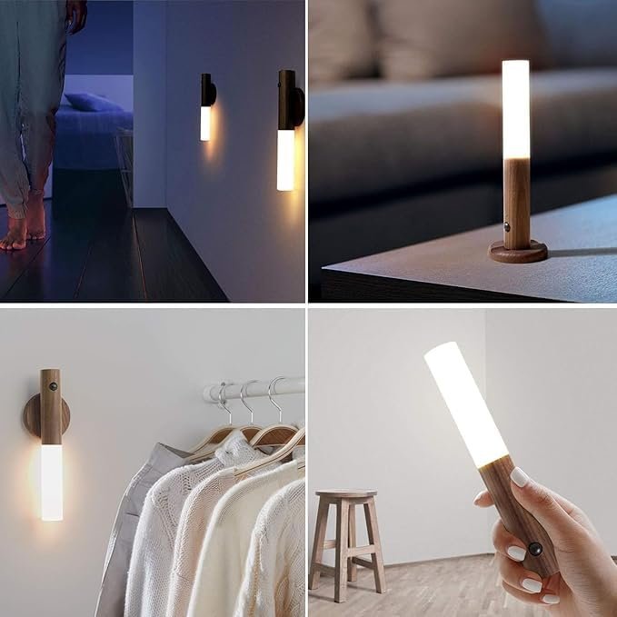 كشاف ليلي LED ذكي بمستشعر حركة، تصميم خشبي أنيق، قابل للشحن عبر USB، إضاءة دافئة، مناسب لغرف النوم والممرات - صورة 6