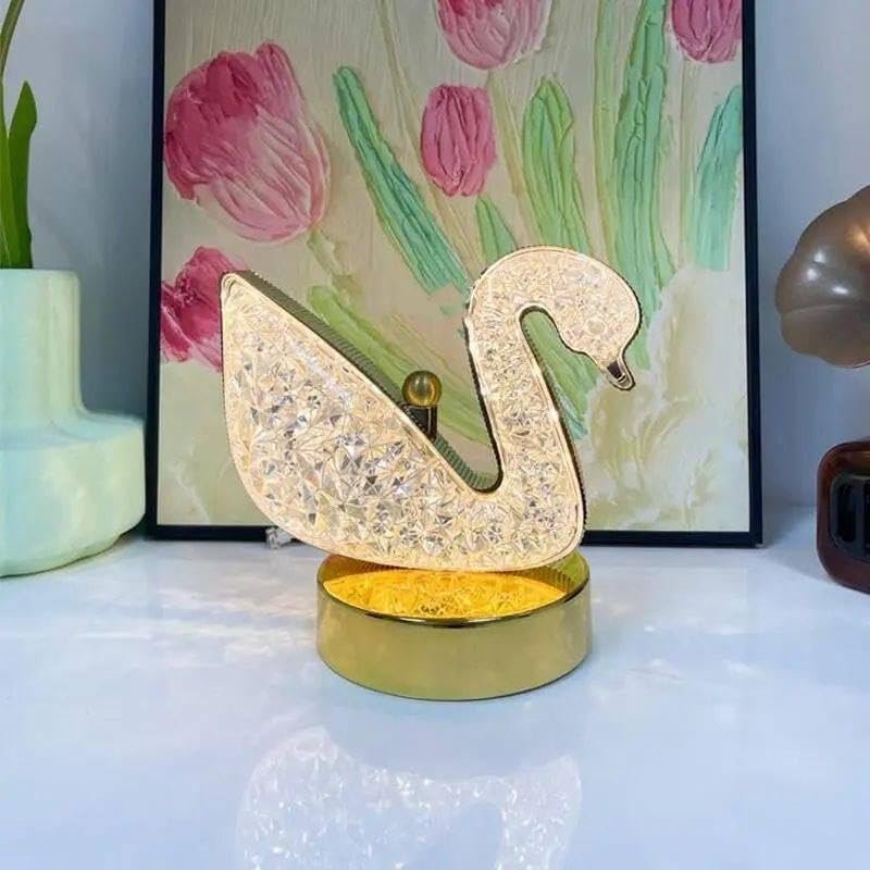 مصباح طاولة ليد كريستال بتصميم ماسي قابل لإعادة الشحن عبر منفذ USB، تحكم باللمس بثلاثة مستويات إضاءة، قاعدة بلون ذهبي، مصباح ليلي ديكوري من عنخ-هوم سابلايز (شكل بجعة) - صورة 3