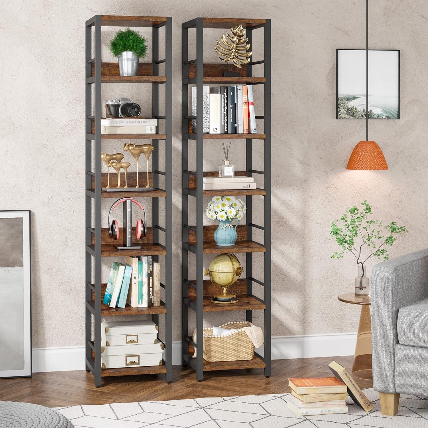 رف زاوية بتصميم ضيق من 6 طبقات، لتخزين الكتب وحامل عرض للمساحات الصغيرة، تصميم ريفي مفتوح مربع لغرفة المعيشة 1.9 م من ترايب ساينز - صورة 10