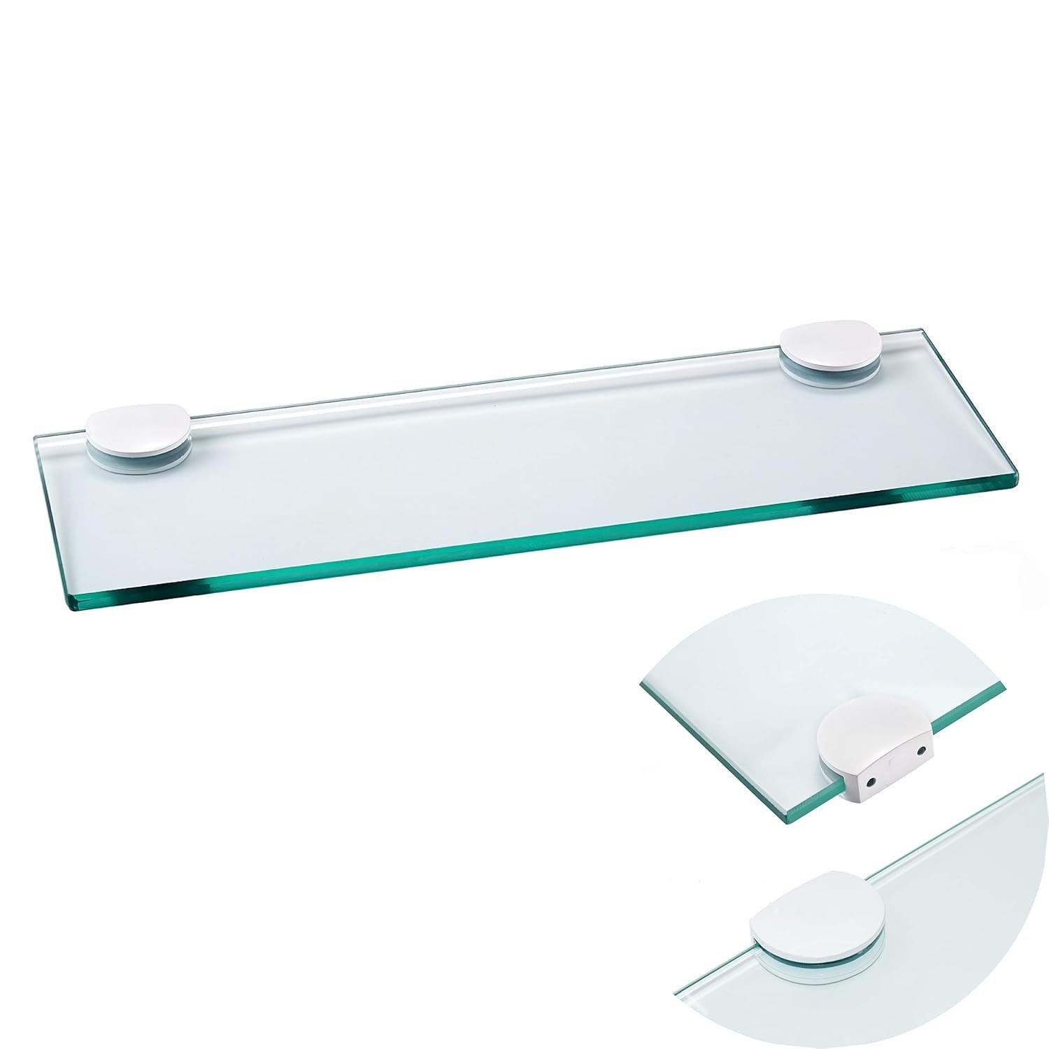 رف زجاجي للحمام 16 بوصة مع دعامات بيضاء شديدة التحمل من ابورتوس عائم مزود بدعامات الستانلس ستيل واكسسوارات معدن مصبوب رفوف الزجاج الشفاف تثبت على الحائط - صورة 8