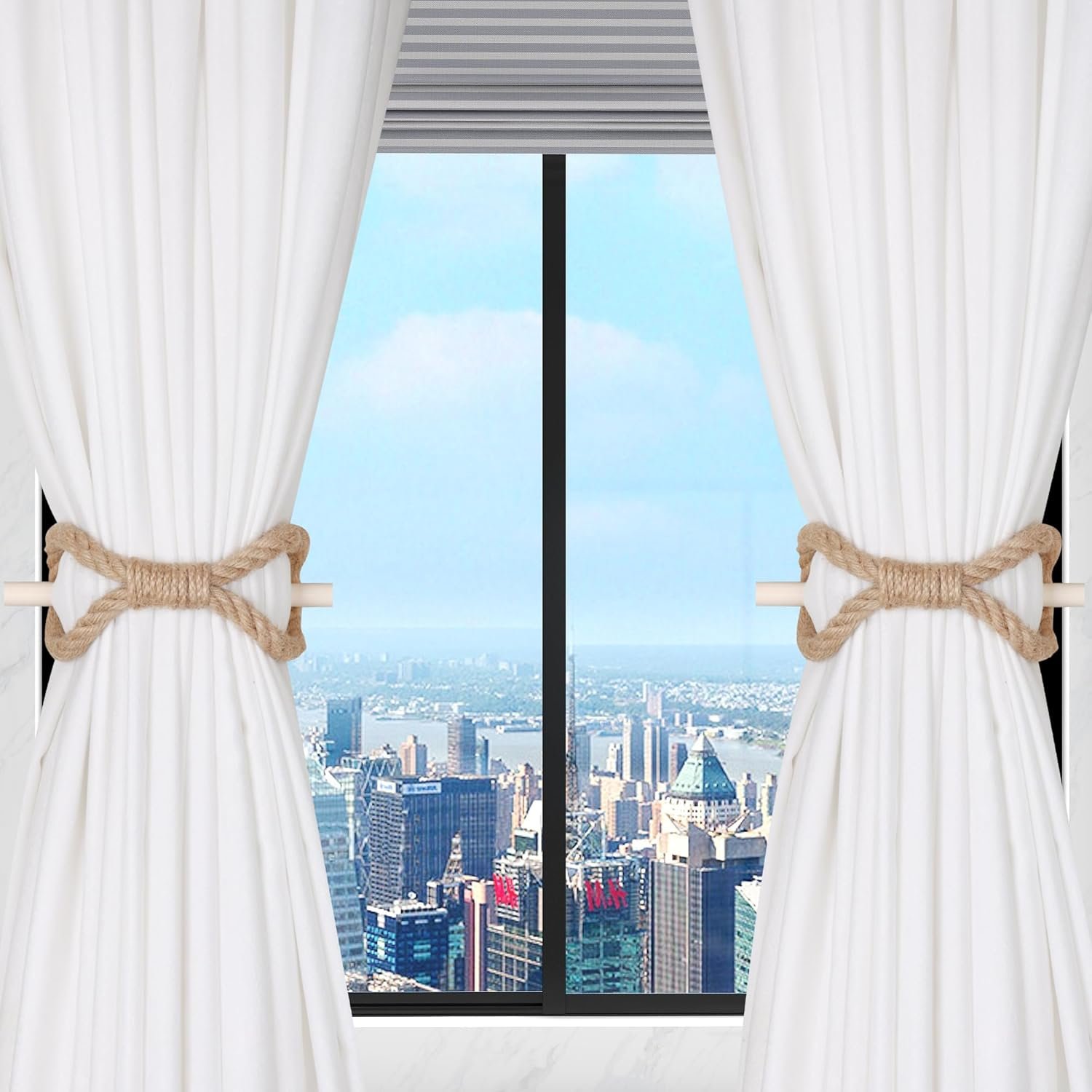 أربطة ستائر بتصميم منزل المزرعة مصنوعة يدويا مع حبل خشبي من القنب من اوشيولي، أربطة سحب للستائر من قطعتين (حبل من الجوت، 2) - صورة 6