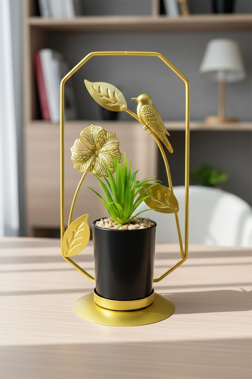 ديكور نبات صناعي مع إطار ذهبي، تصميم طائر وأوراق معدنية، أصيص أسود مع قاعدة ذهبية، زينة منزلية - صورة 5