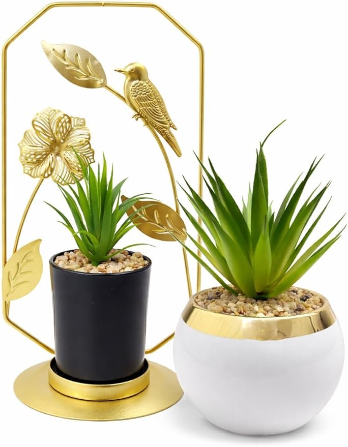 طقم نباتات صناعية صغيرة في أصيص سيراميك (أسود وأبيض) مع حامل معدني ذهبي بتصميم طائر، ديكور منزلي عصري للمكتب والرفوف وغرفة المعيشة، نباتات زينة واقعية