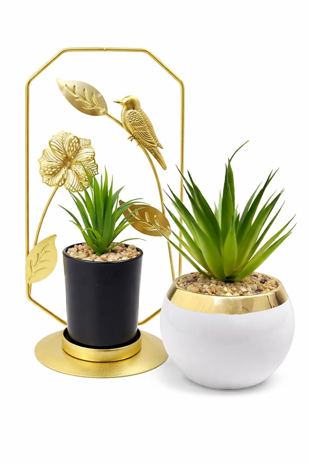طقم نباتات صناعية صغيرة في أصيص سيراميك (أسود وأبيض) مع حامل معدني ذهبي بتصميم طائر، ديكور منزلي عصري للمكتب والرفوف وغرفة المعيشة، نباتات زينة واقعية - صورة 5